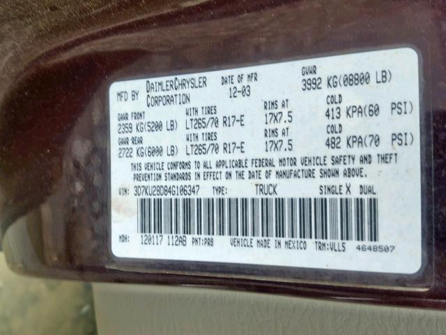 3D7KU28D84G106347 - 2004 DODGE RAM 2500 S BURGUNDY photo 10