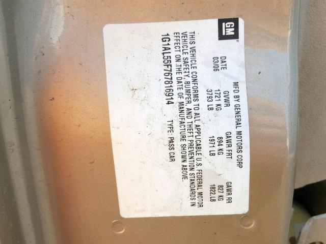 1G1AL55F767816914 - 2006 CHEVROLET COBALT LT GOLD photo 10