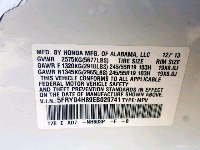 5FRYD4H89EB029741 - 2014 ACURA MDX ADVANC WHITE photo 10