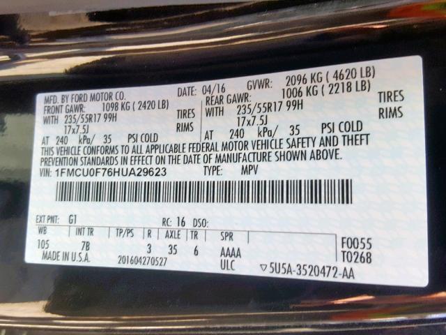 1FMCU0F76HUA29623 - 2017 FORD ESCAPE S BLACK photo 10