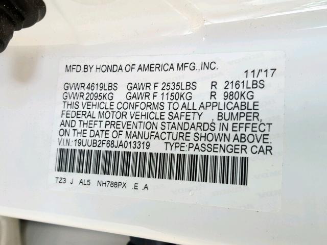 19UUB2F68JA013319 - 2018 ACURA TLX TECH+A WHITE photo 10