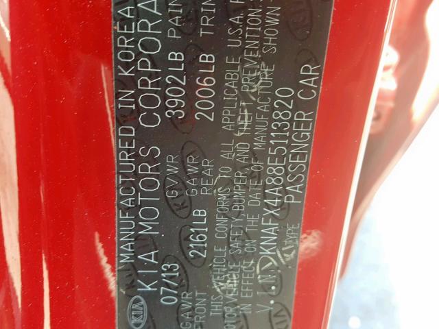 KNAFX4A88E5113820 - 2014 KIA FORTE EX RED photo 10