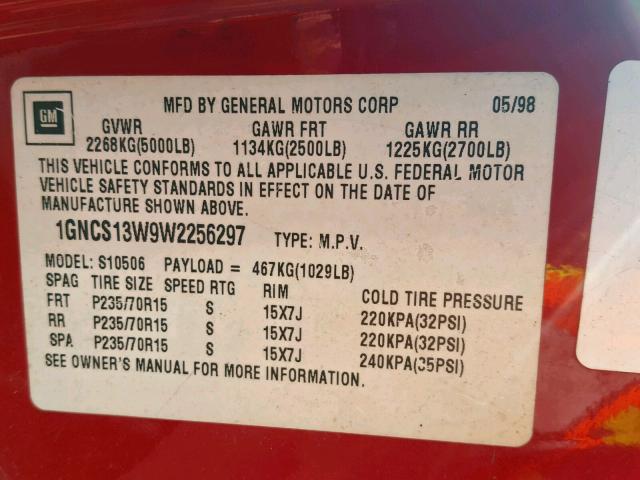 1GNCS13W9W2256297 - 1998 CHEVROLET BLAZER RED photo 10