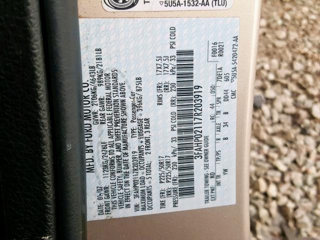 3FAHP02117R203919 - 2007 FORD FUSION SEL TAN photo 10