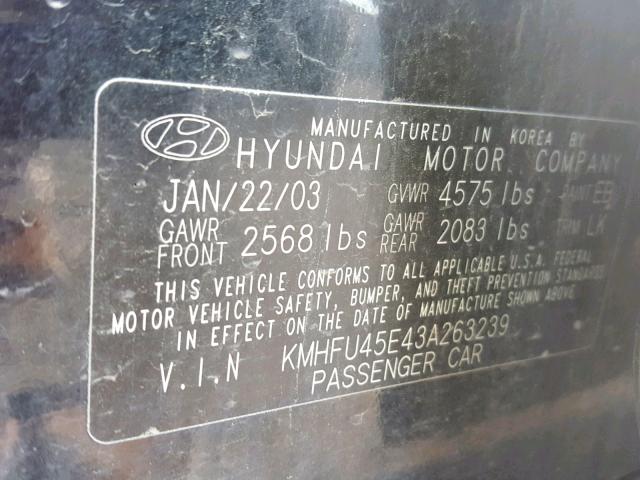 KMHFU45E43A263239 - 2003 HYUNDAI XG 350 BLACK photo 10