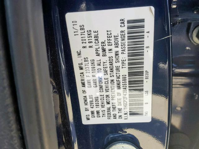 1HGCP2F43BA055880 - 2011 HONDA ACCORD LXP BLUE photo 10