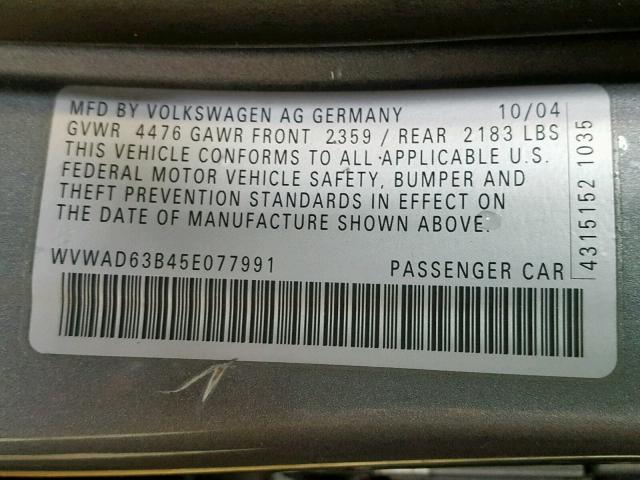 WVWAD63B45E077991 - 2005 VOLKSWAGEN PASSAT GLS GRAY photo 10