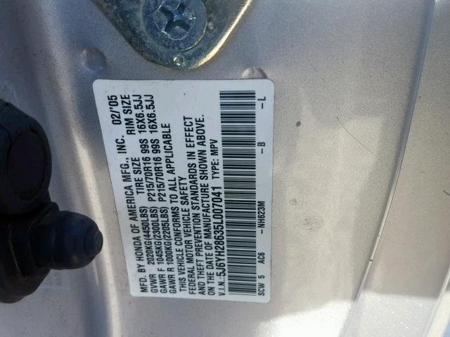 5J6YH28635L007041 - 2005 HONDA ELEMENT EX SILVER photo 10