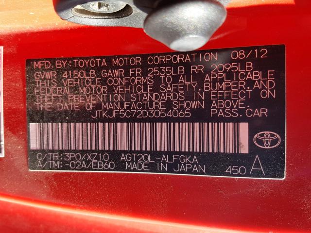 JTKJF5C72D3054065 - 2013 TOYOTA SCION TC RED photo 10