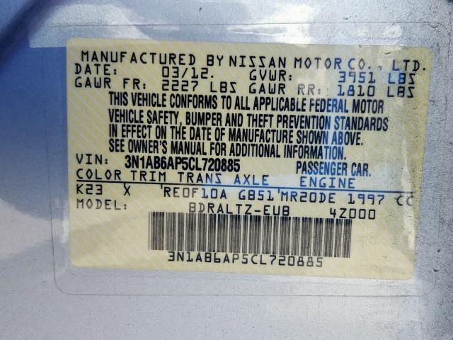 3N1AB6AP5CL720885 - 2012 NISSAN SENTRA 2.0 SILVER photo 10