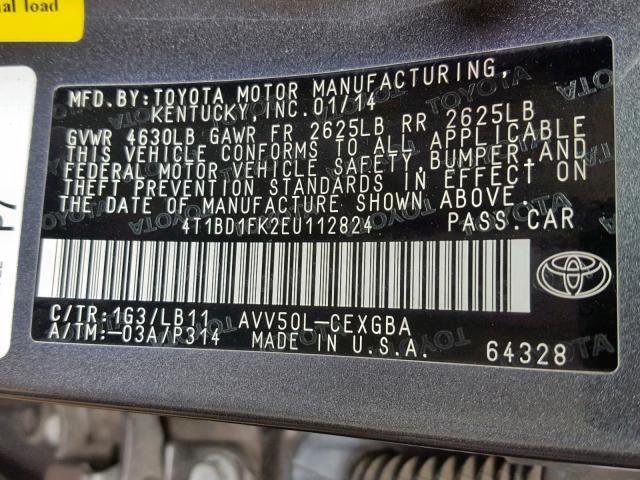 4T1BD1FK2EU112824 - 2014 TOYOTA CAMRY HYBR GRAY photo 10