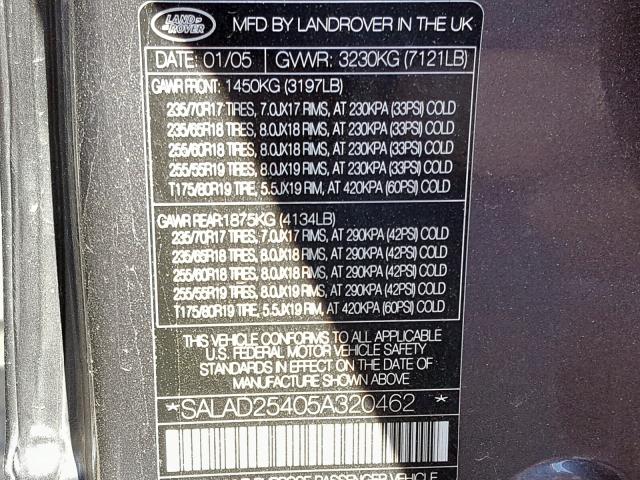 SALAD25405A320462 - 2005 LAND ROVER LR3 SE GRAY photo 10