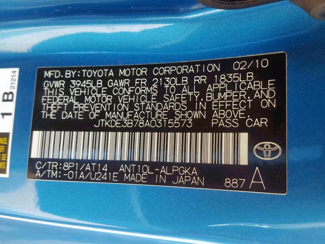 JTKDE3B78A0315573 - 2010 TOYOTA SCION TC ლურჯი ფოტო 10