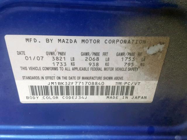 JM1BK32F771708840 - 2007 MAZDA 3 I BLUE photo 10