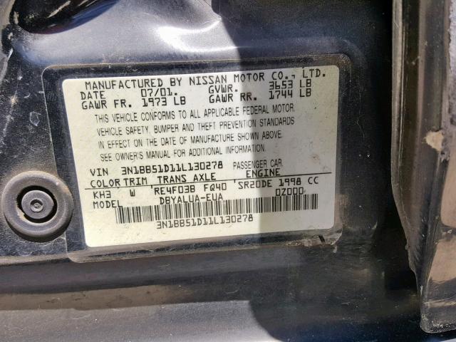 3N1BB51D11L130278 - 2001 NISSAN SENTRA SE BLACK photo 10