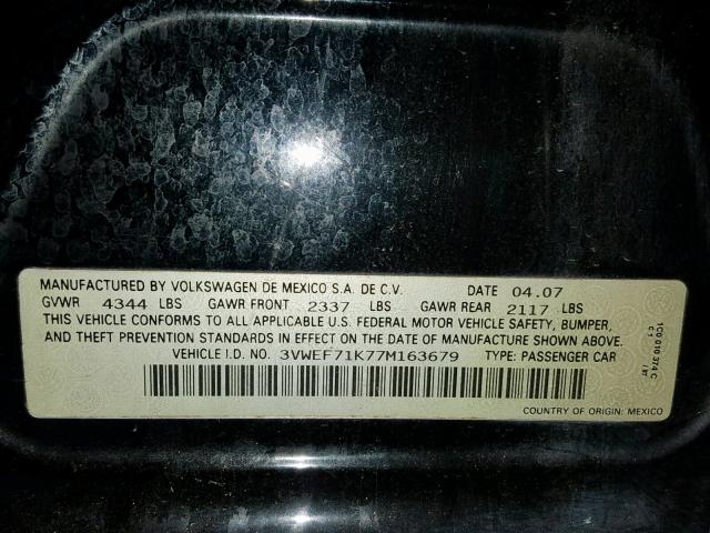 3VWEF71K77M163679 - 2007 VOLKSWAGEN JETTA WOLF BLACK photo 10