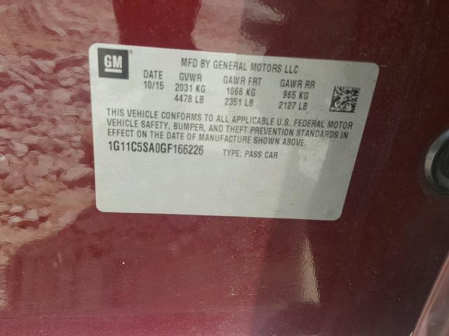 1G11C5SA0GF166226 - 2016 CHEVROLET MALIBU LIM PURPLE photo 10