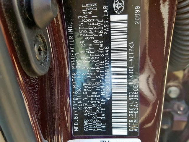 4T1BK3DB7BU373446 - 2011 TOYOTA AVALON BAS PURPLE photo 10