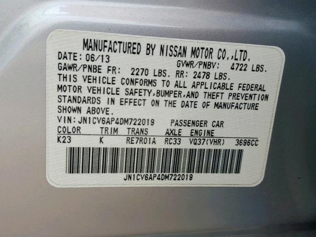 JN1CV6AP4DM722019 - 2013 INFINITI G37 BASE SILVER photo 10