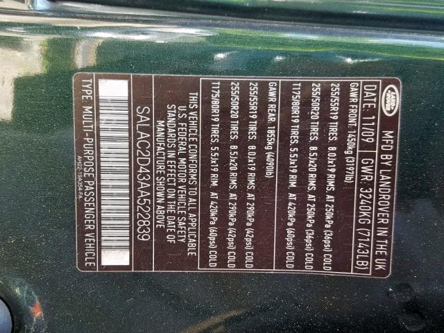 SALAC2D43AA522839 - 2010 LAND ROVER LR4 მწვანე ფოტო 10