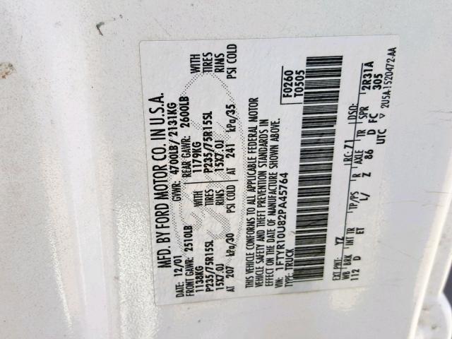 1FTYR10U82PA45764 - 2002 FORD RANGER WHITE photo 10