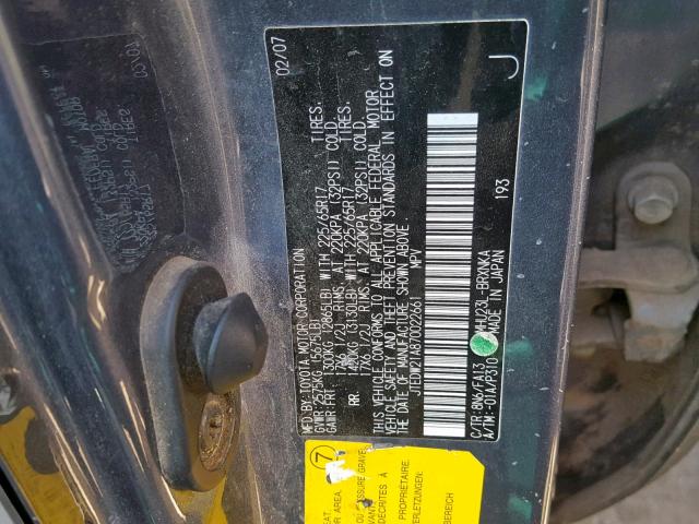 JTEDW21A870022661 - 2007 TOYOTA HIGHLANDER GRAY photo 10