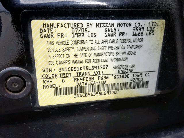 3N1CB51D95L591707 - 2005 NISSAN SENTRA 1.8 BLACK photo 10