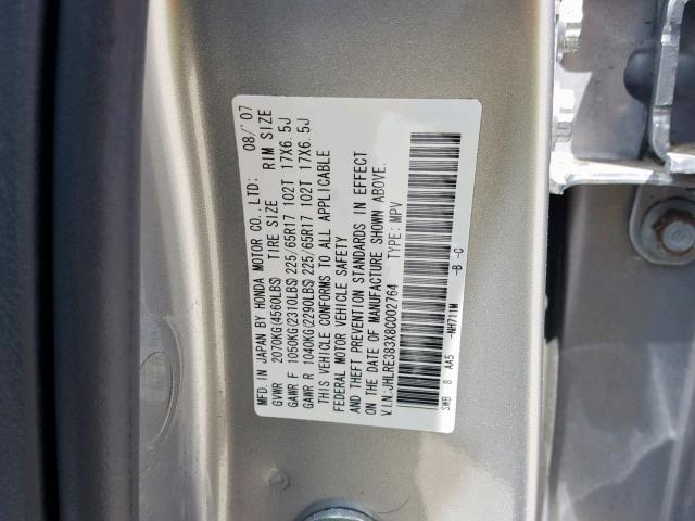 JHLRE383X8C002764 - 2008 HONDA CR-V LX GRAY photo 10