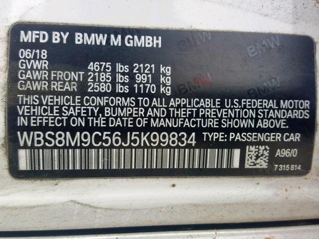 WBS8M9C56J5K99834 - 2018 BMW M3 WHITE photo 10