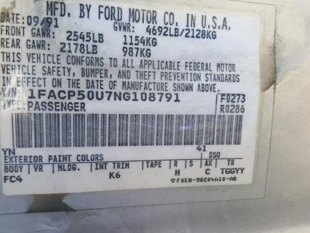 1FACP50U7NG108791 - 1992 FORD TAURUS L SILVER photo 10