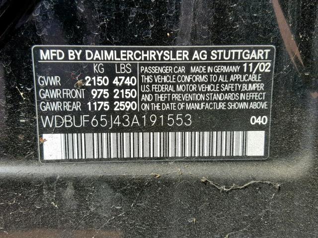 WDBUF65J43A191553 - 2003 MERCEDES-BENZ E 320 BLACK photo 10