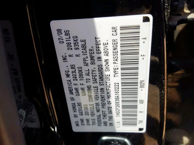 1HGCP26838A160222 - 2008 HONDA ACCORD EXL BLACK photo 10