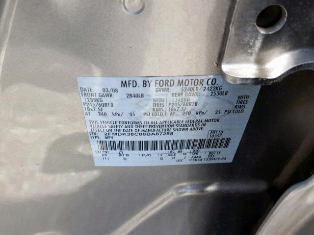 2FMDK38C88BA87258 - 2008 FORD EDGE SEL GRAY photo 10