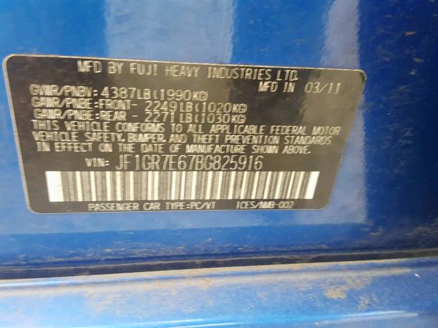 JF1GR7E67BG825916 - 2011 SUBARU IMPREZA WR BLUE photo 10