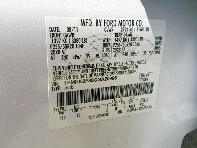 1FMHK8F88CGA20996 - 2012 FORD EXPLORER L WHITE photo 10