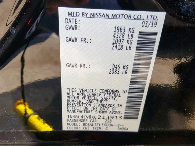 1N4BL4EV8KC213913 - 2019 NISSAN ALTIMA SL BLACK photo 10