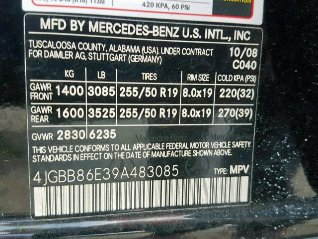 4JGBB86E39A483085 - 2009 MERCEDES-BENZ ML 350 BLACK photo 10