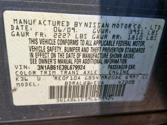 3N1AB61E39L679924 - 2009 NISSAN SENTRA 2.0 GRAY photo 10