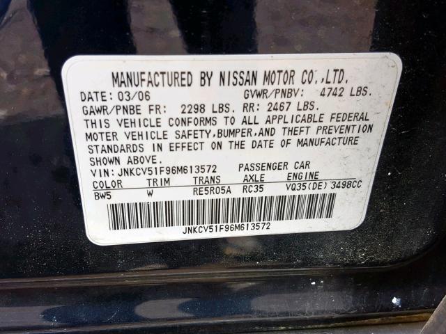 JNKCV51F96M613572 - 2006 INFINITI G35 BLUE photo 10