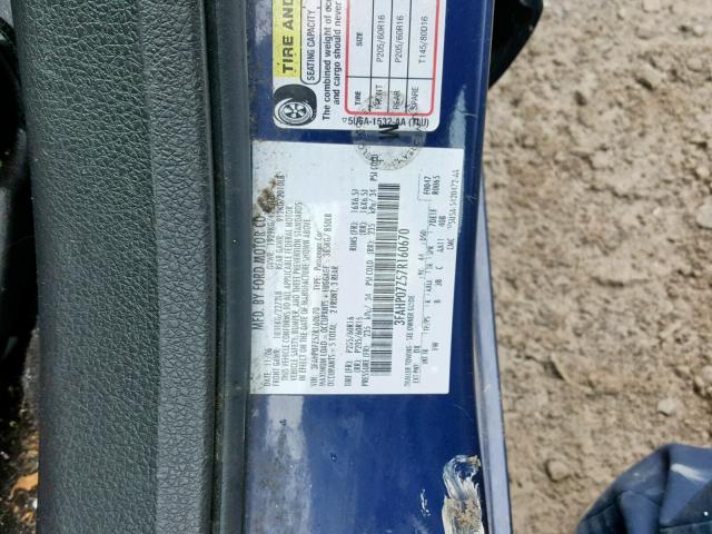 3FAHP07Z57R160670 - 2007 FORD FUSION SE BLUE photo 10