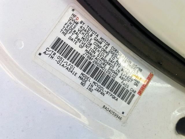 JT8BF28G5W0129122 - 1998 LEXUS ES 300 WHITE photo 10