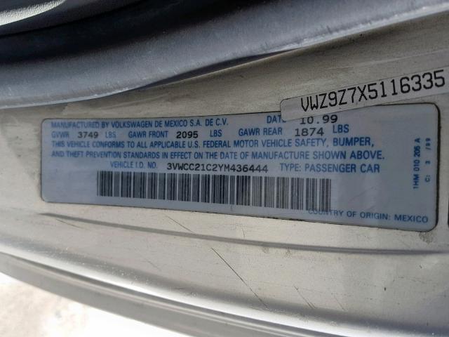 3VWCC21C2YM436444 - 2000 VOLKSWAGEN NEW BEETLE Gümüş foto 10