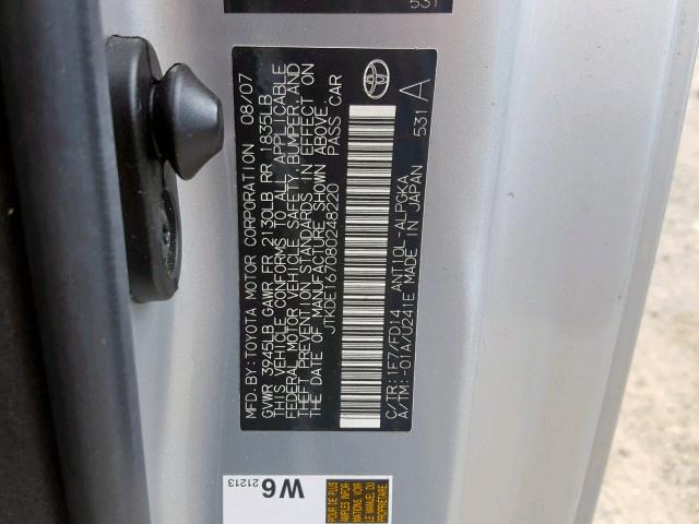 JTKDE167080248220 - 2008 TOYOTA SCION TC 银色 照片 10