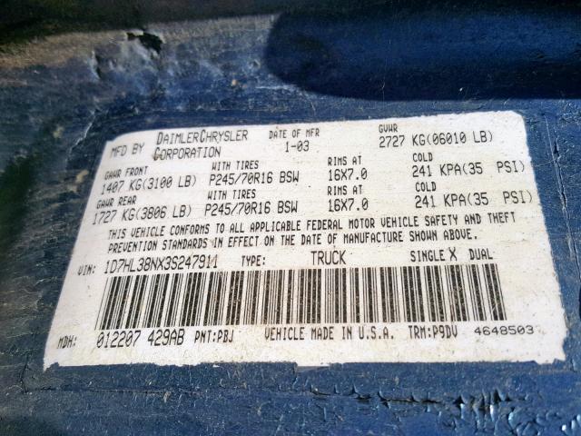 1D7HL38NX3S247911 - 2003 DODGE DAKOTA QUA BLUE photo 10