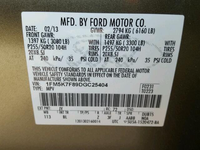 1FM5K7F89DGC25404 - 2013 FORD EXPLORER L GREEN photo 10