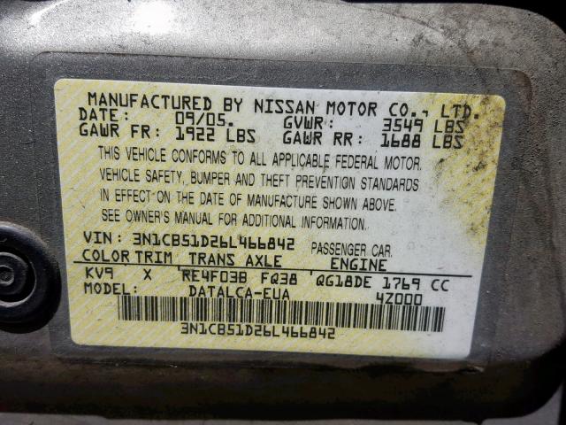 3N1CB51D26L466842 - 2006 NISSAN SENTRA 1.8 GOLD photo 10