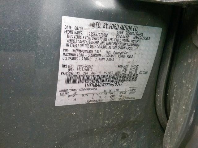 1MEHM40W38G610317 - 2008 MERCURY SABLE LUXU GRAY photo 10