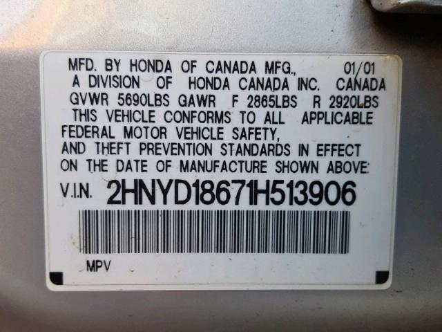 2HNYD18671H513906 - 2001 ACURA MDX TOURIN SILVER photo 10