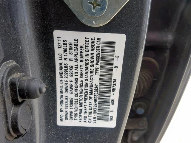 19XFB2F98CE028341 - 2012 HONDA CIVIC EXL GRAY photo 10