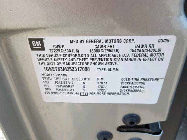 1GKET63M352317088 - 2005 GMC ENVOY DENA SILVER photo 10